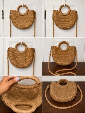 Woven Straw Circle-Handle Crossbody Bag - Tan